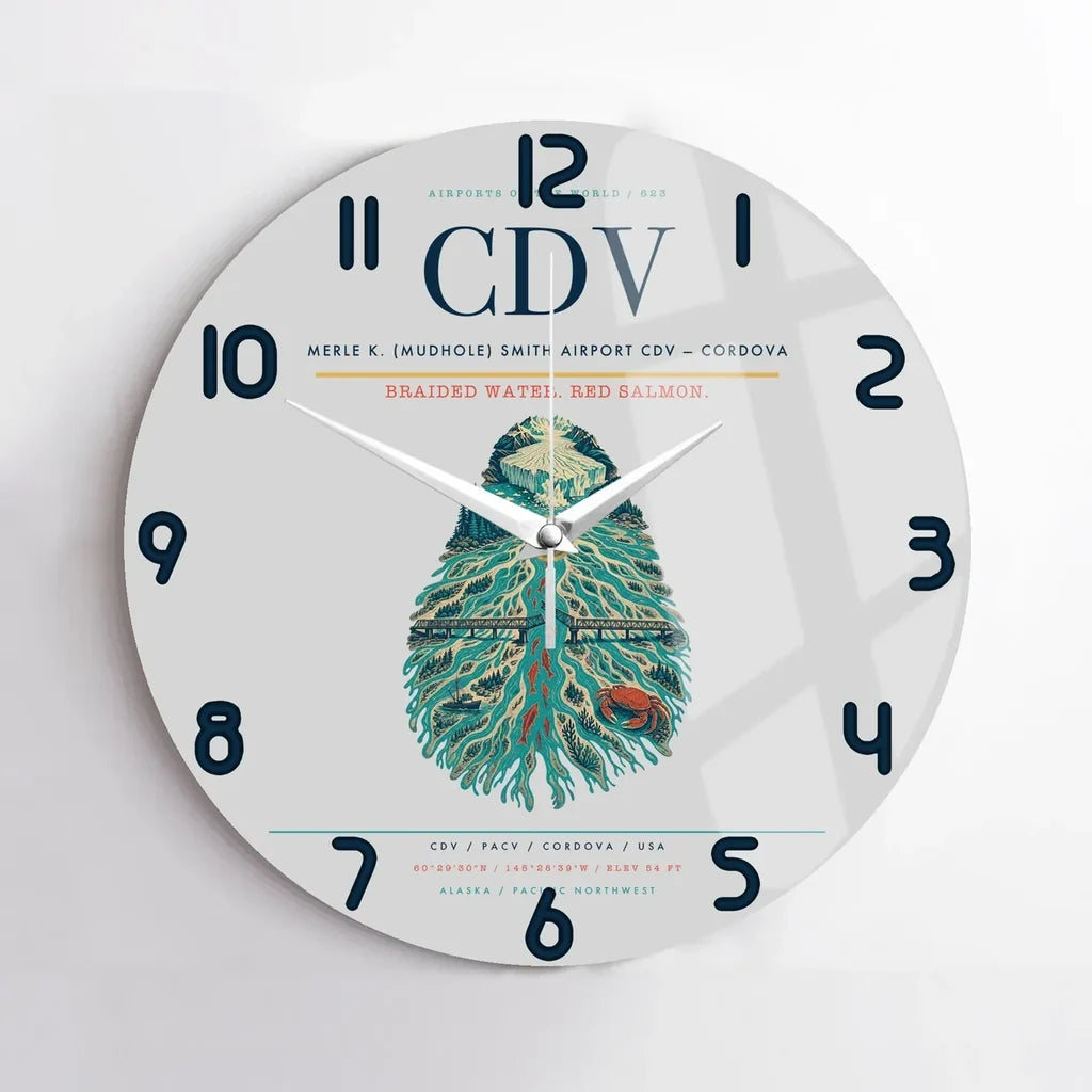 Merle K. (Mudhole) Smith Airport (CDV) design on light gray no frame wall clock