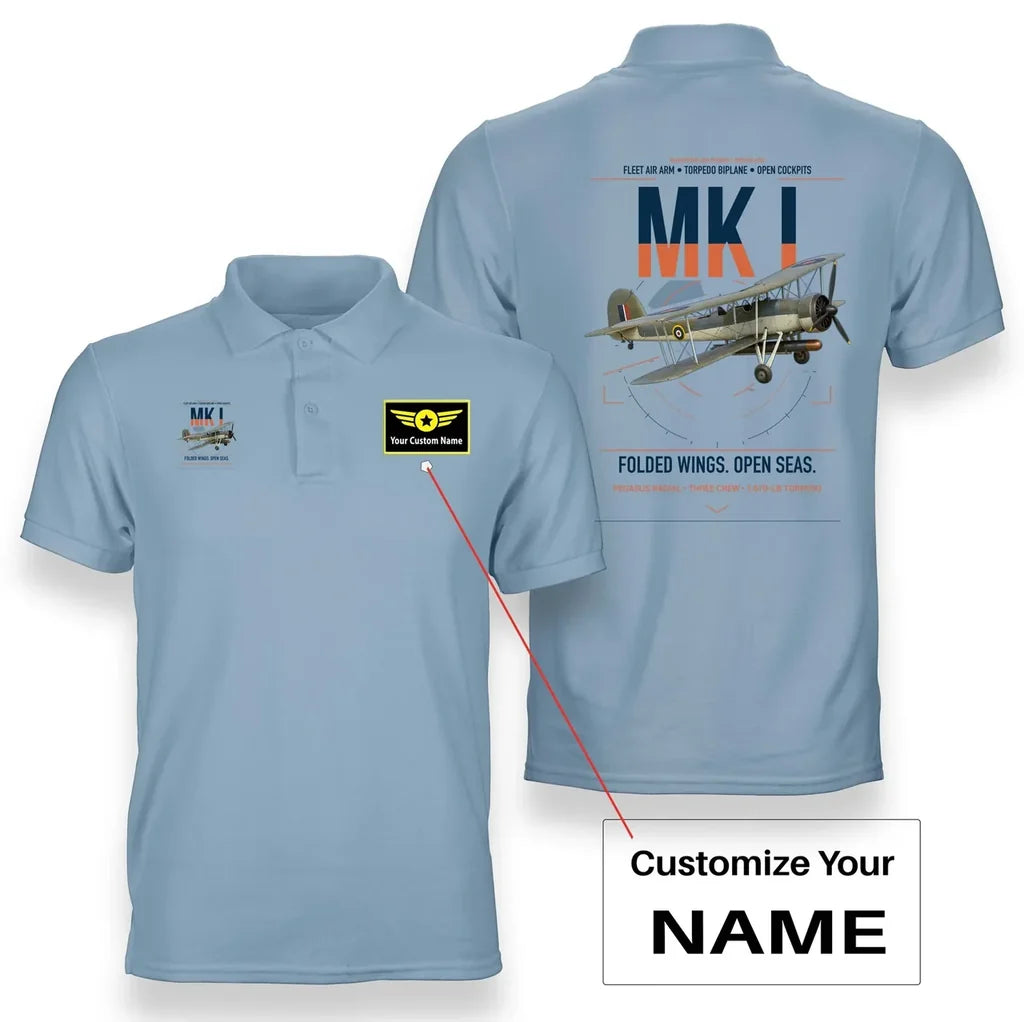 Fairey Swordfish Mk I design on light blue+name double-side polo t-shirt, double-side print