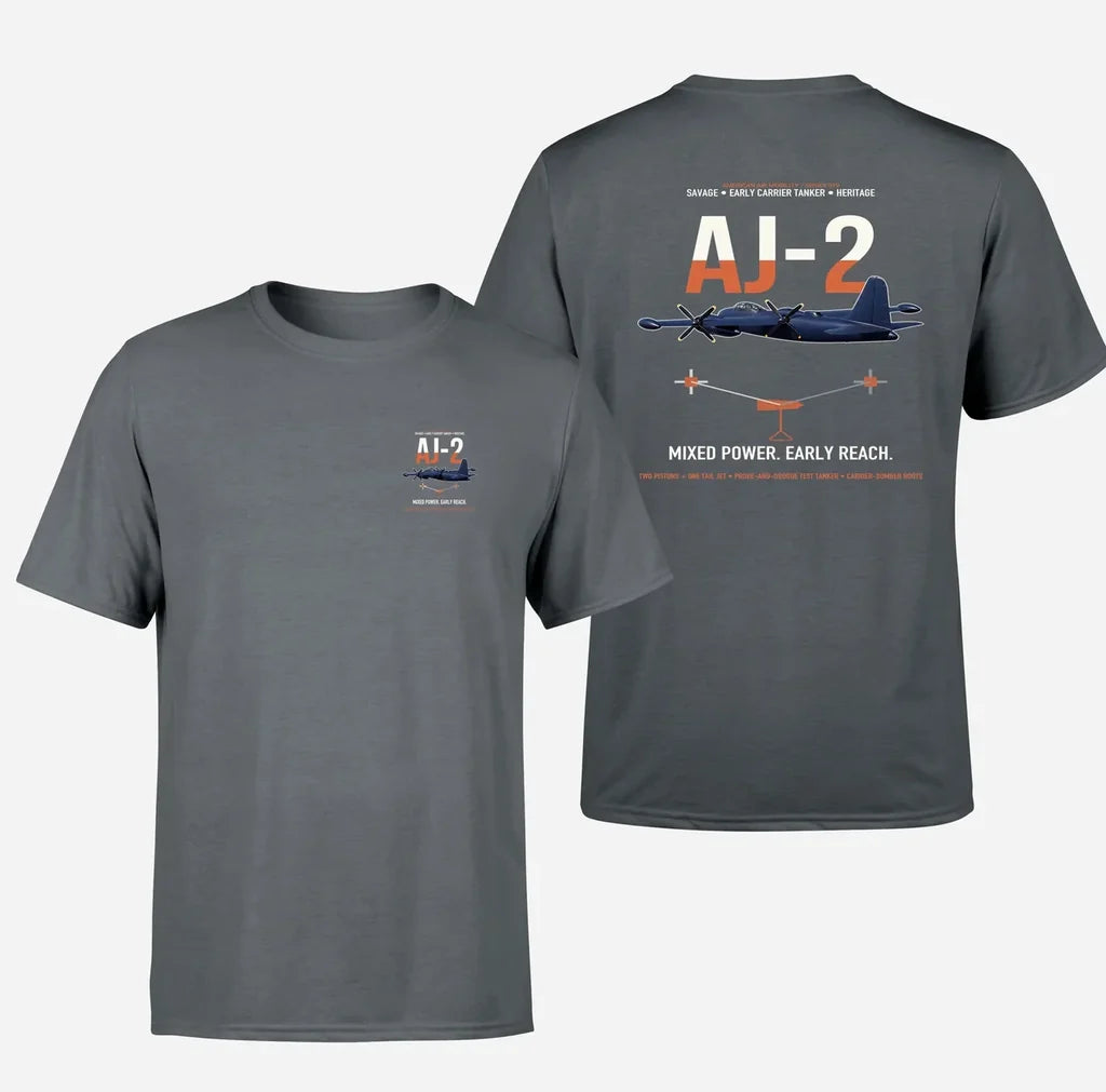 AJ-2 Savage Tanker design on gray double-side t-shirt, double-side print