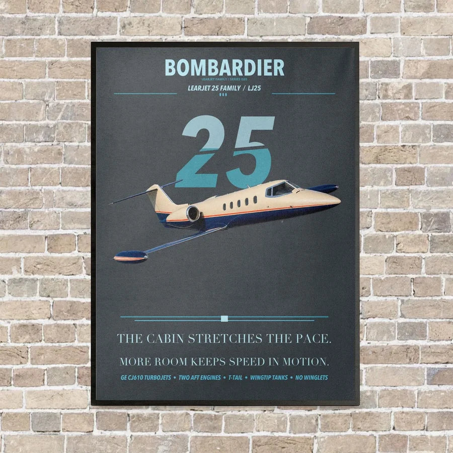 Bombardier Learjet 25 vertical canvas print - framed - gray background