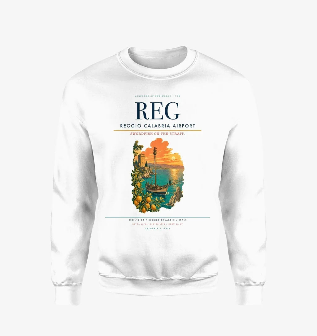 Reggio Calabria Airport (REG) design on white sweatshirt