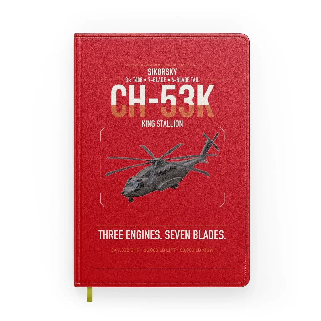 Sikorsky CH-53K King Stallion design on red notebook