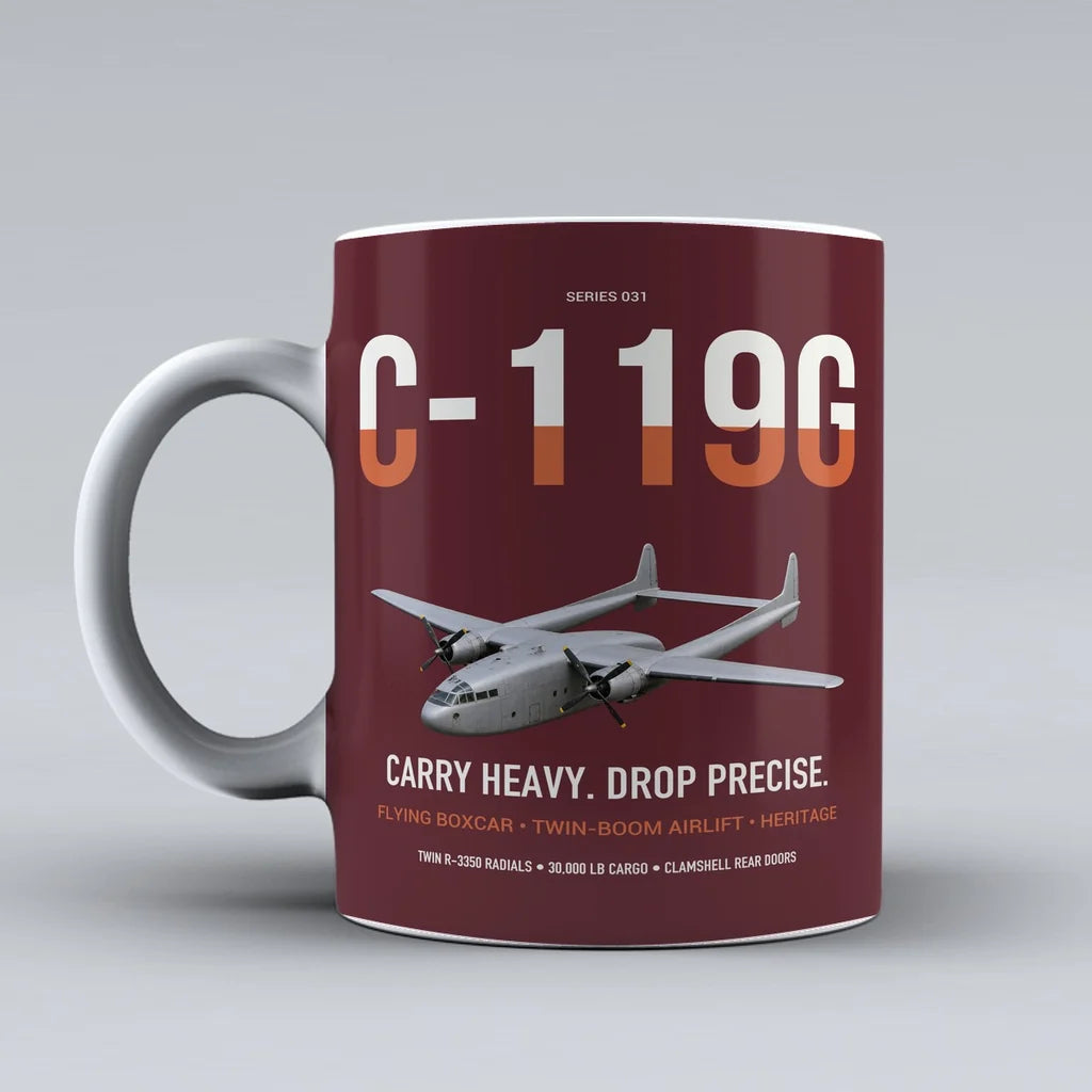 C-119G Flying Boxcar design on dark red ceramic mug, double-side print