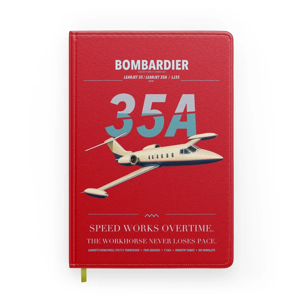 Bombardier Learjet 35A design on red notebook