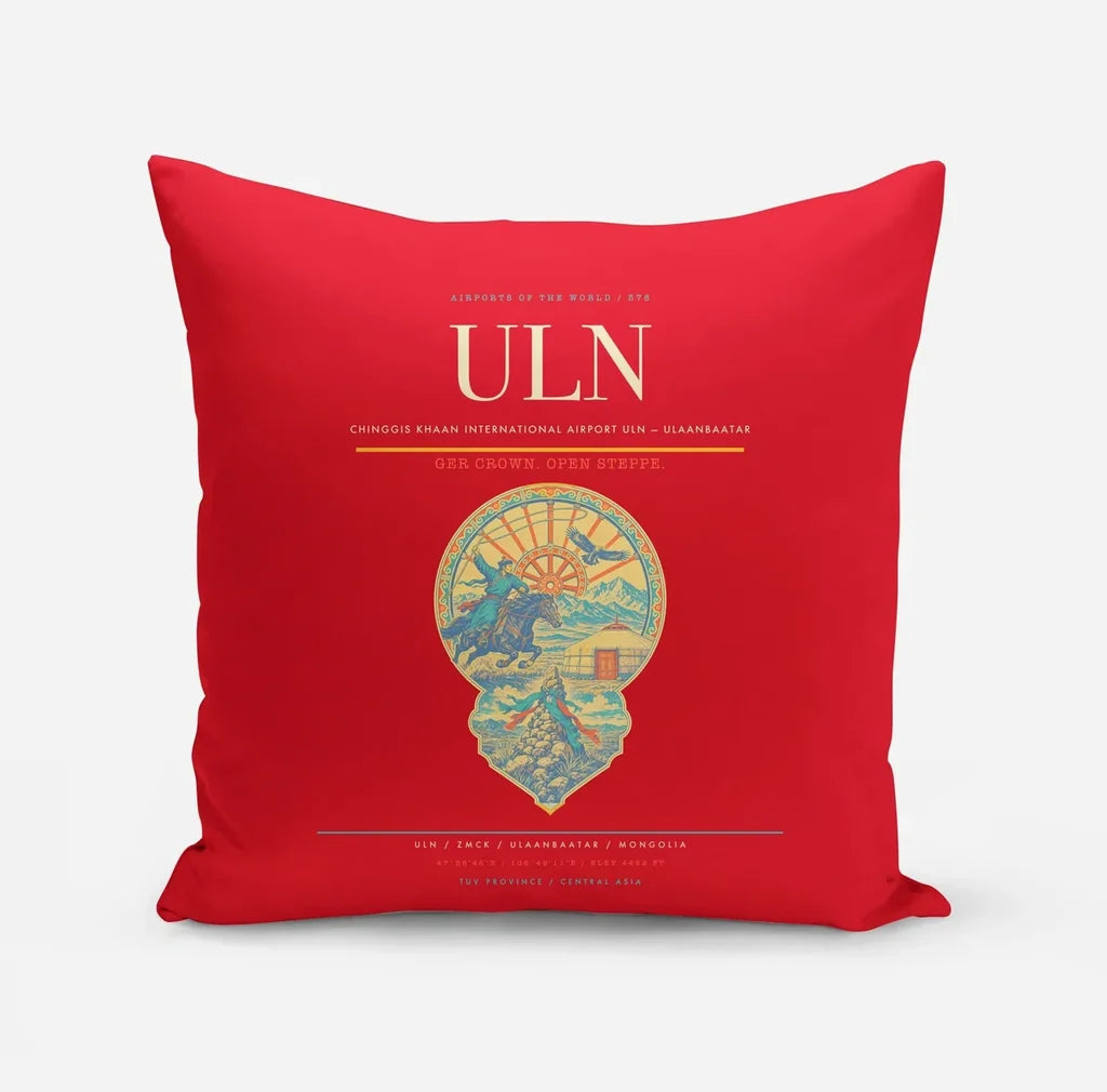 Chinggis Khaan International Airport (ULN) design on red pillow