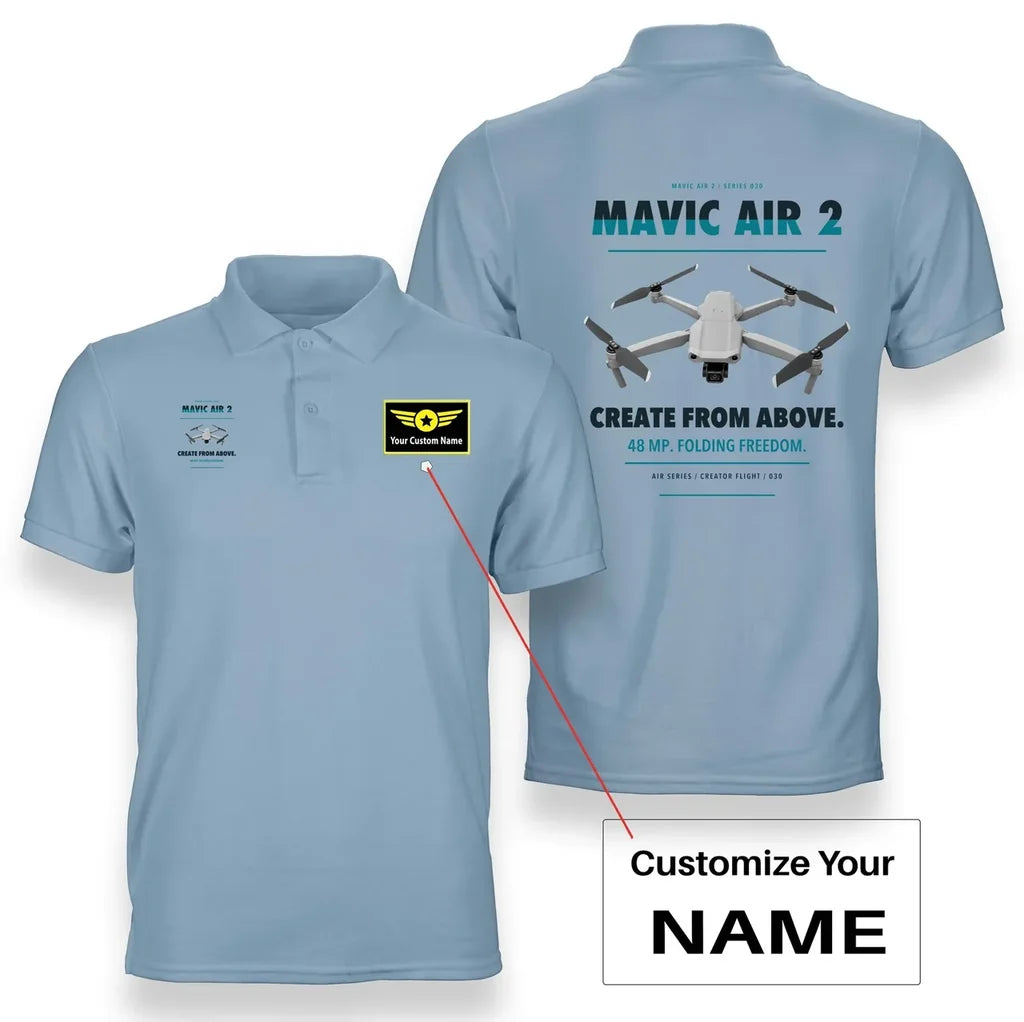 DJI Mavic Air 2 design on light blue polo with custom name badge