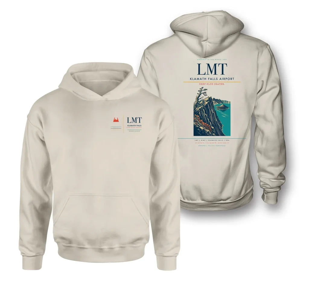 Klamath Falls Airport (LMT) design on khaki double-side hoodie
