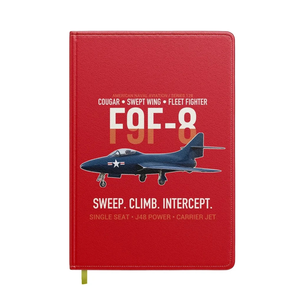 F9F-8 Cougar Swept Wing Carrier Fighter design on red notebook