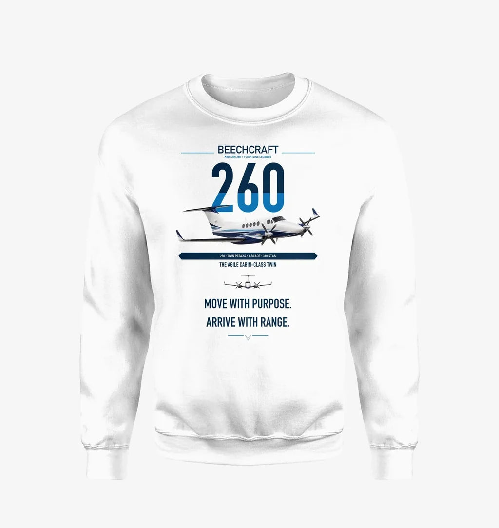 Beechcraft King Air 260 design on white sweatshirt
