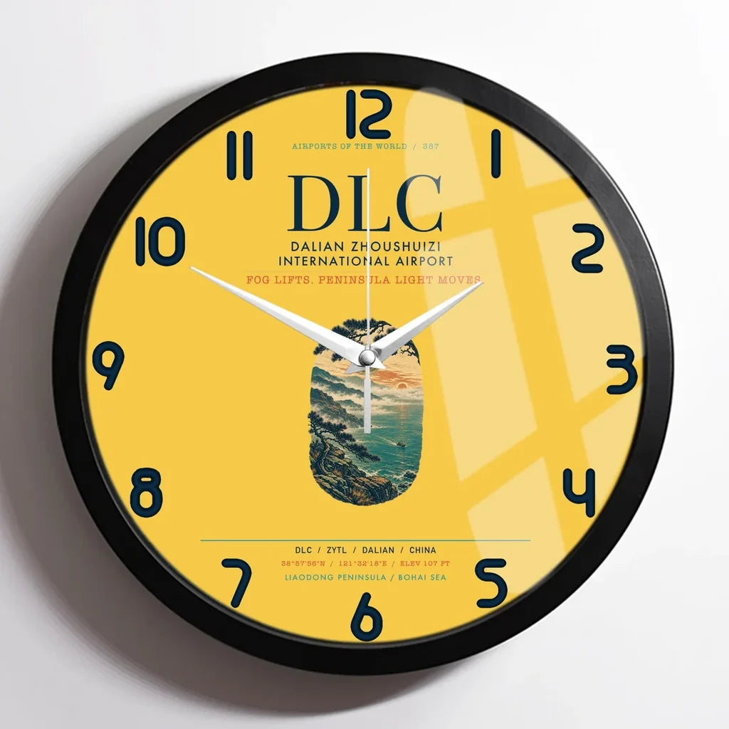 Dalian Zhoushuizi International Airport (DLC) design on yellow framed wall clock
