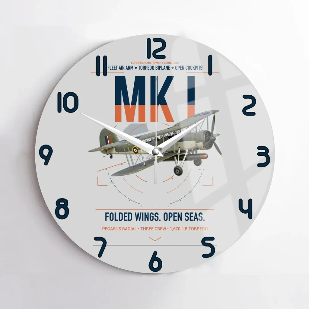 Fairey Swordfish Mk I design on light gray no frame wall clock