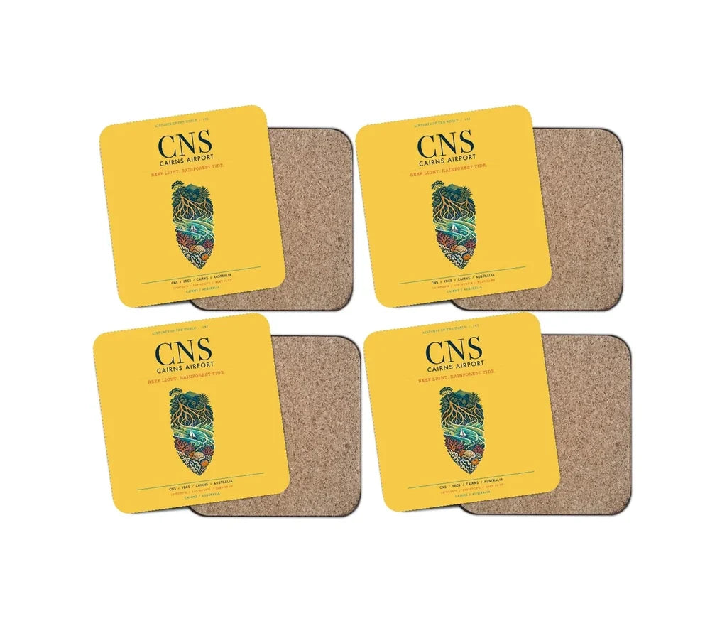 Cairns Airport (CNS) design on yellow 4 pieces set coaster