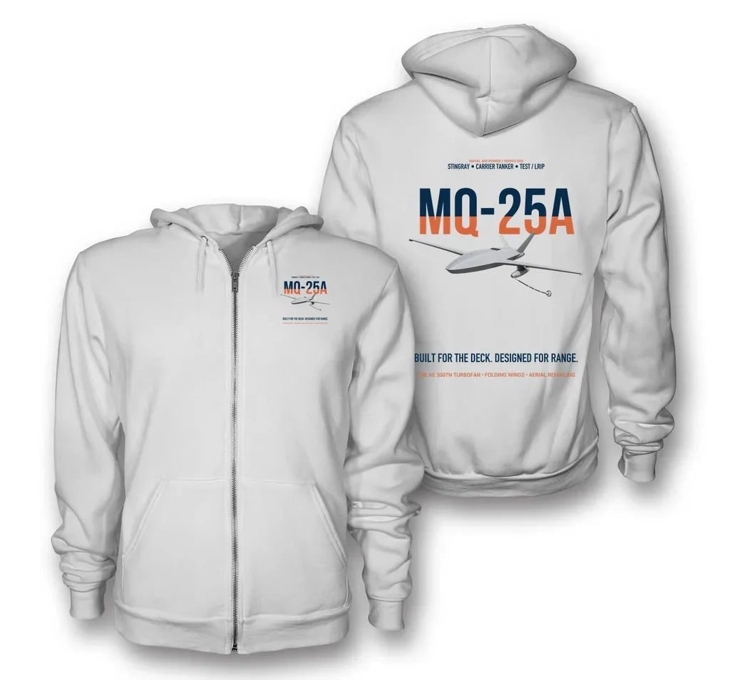 MQ-25A STINGRAY design on white premium zipped hoodie, double-side print