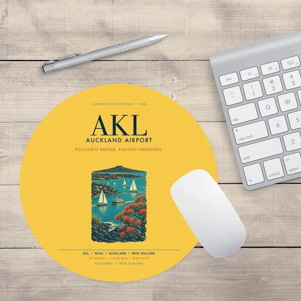 Auckland Airport (AKL) design on yellow round mouse pad