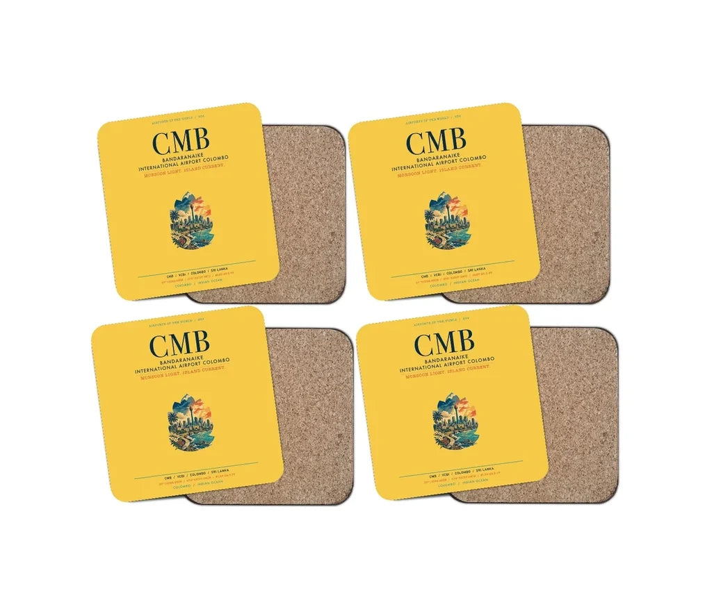 Bandaranaike International Airport Colombo (CMB) design on yellow 4 pieces set coaster