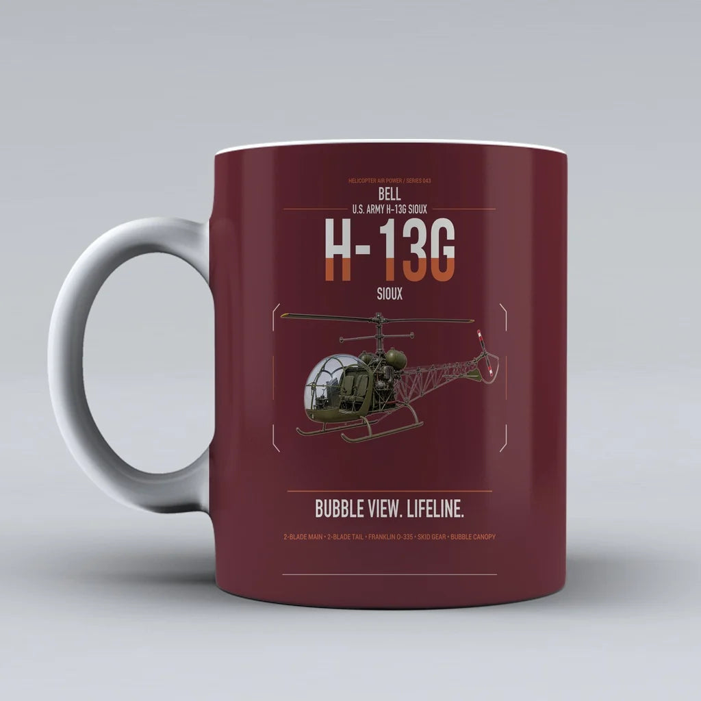 Bell H-13G Sioux design on dark red ceramic mug, double-side print