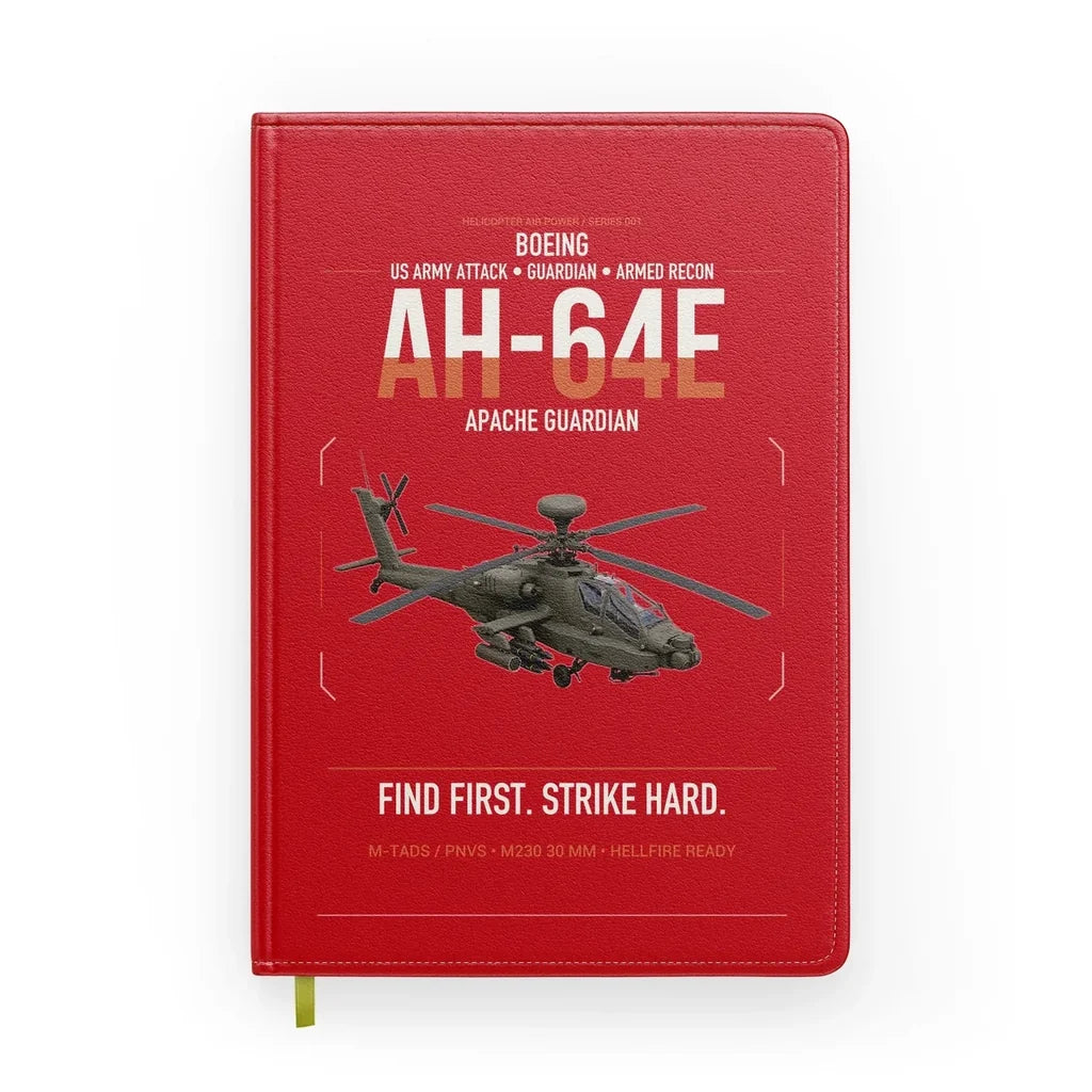 Boeing AH-64E Apache Guardian design on red notebook