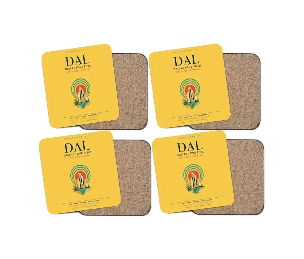 Dallas Love Field (DAL) design on yellow 4 pieces set coaster