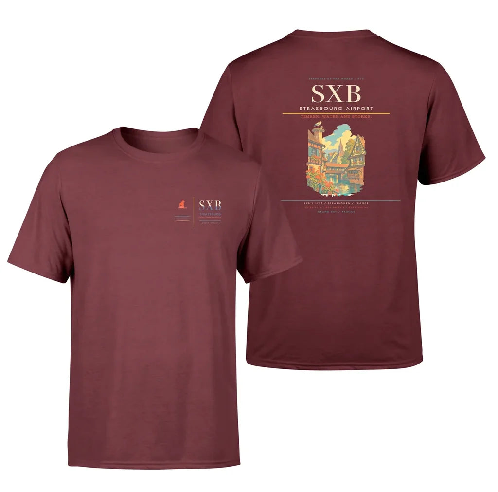 Strasbourg Airport (SXB) design printed on dark red double-side t-shirt