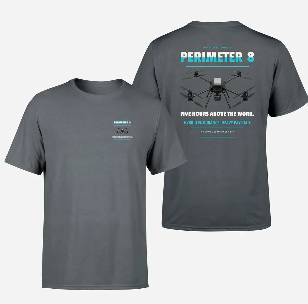 Skyfront Perimeter 8 design on gray t shirt