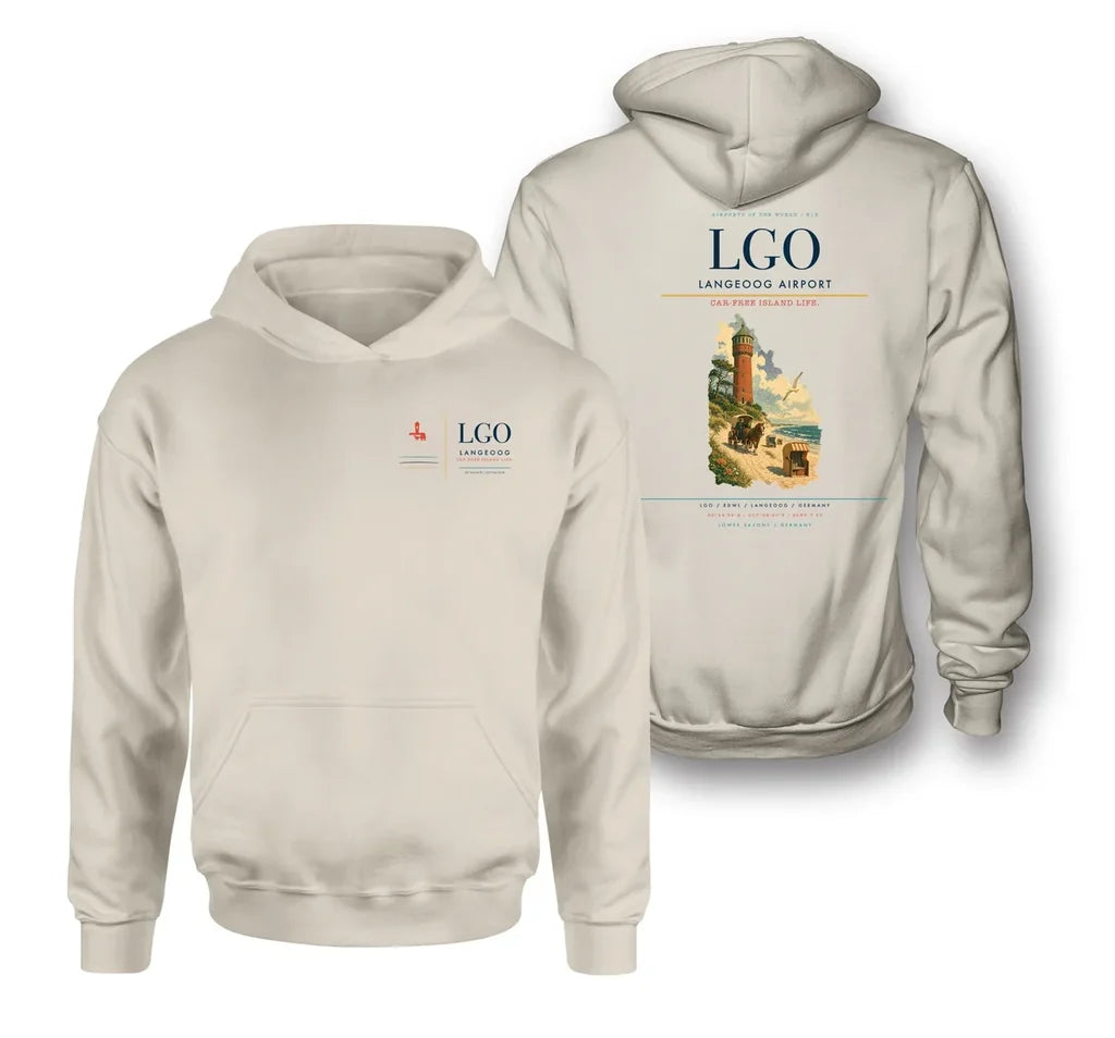 Langeoog Airport (LGO) design on khaki double-side hoodie