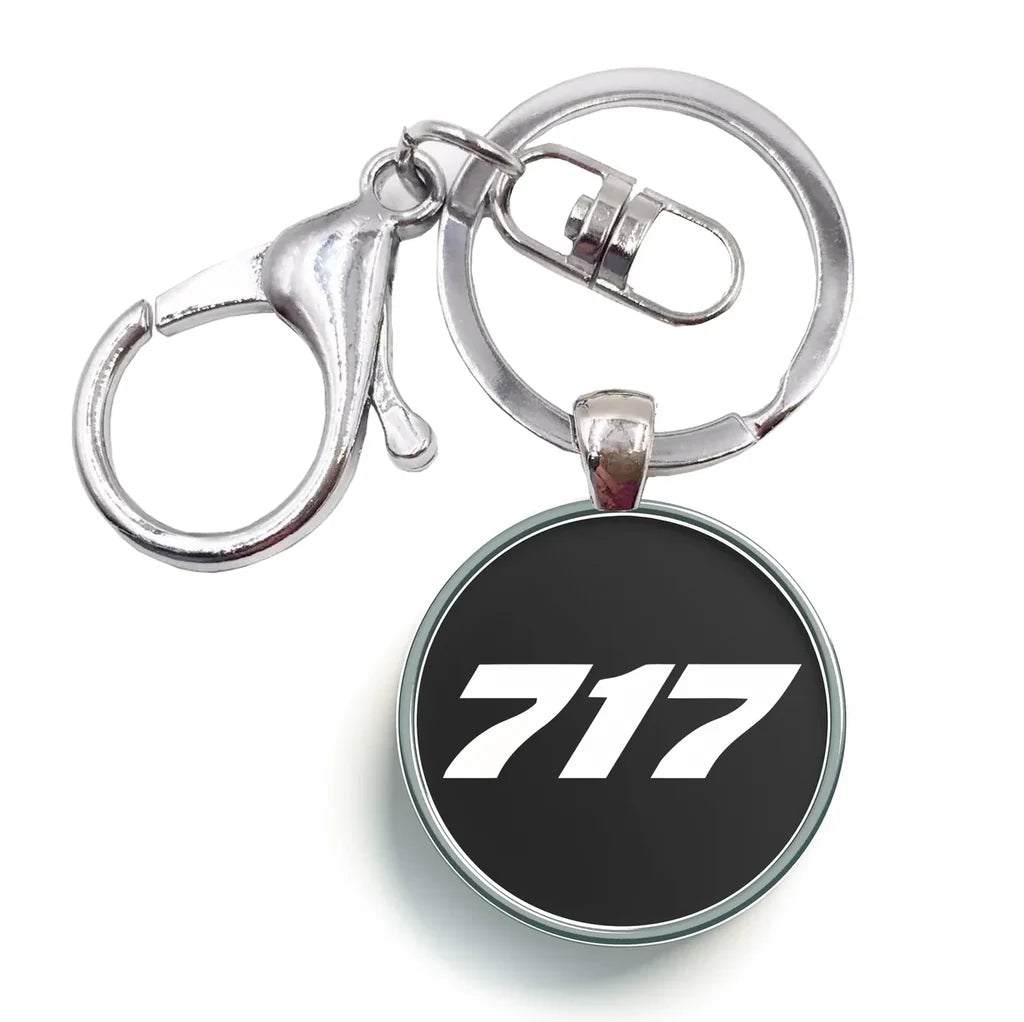 Boeing 717 Flat Text aviation circle key chain, stainless-steel disc.