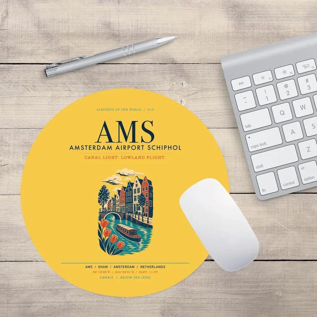 Amsterdam Airport Schiphol (AMS) design on yellow round mouse pad