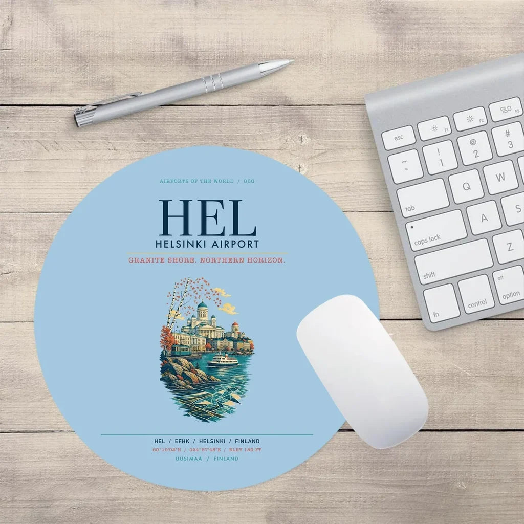 Helsinki Airport (HEL) design on light blue round mouse pad