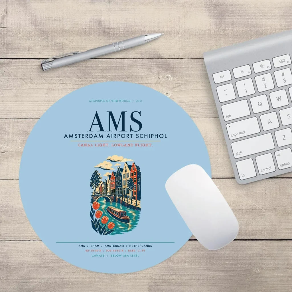 Amsterdam Airport Schiphol (AMS) design on light blue round mouse pad