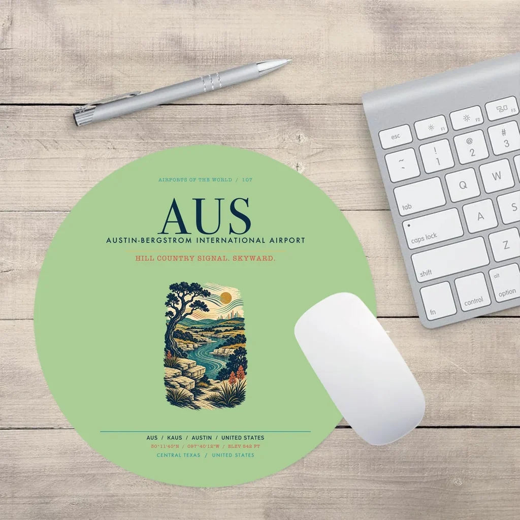 Austin-Bergstrom International Airport (AUS) design on light green round mouse pad