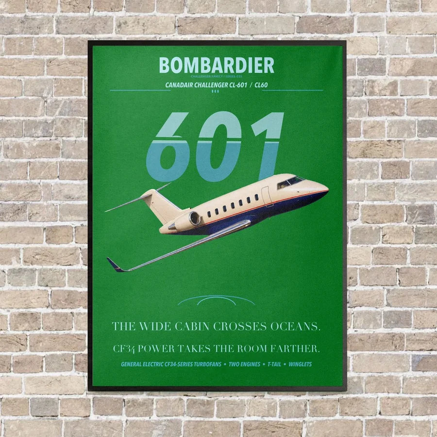 Bombardier Challenger 601 vertical canvas print - framed - green background