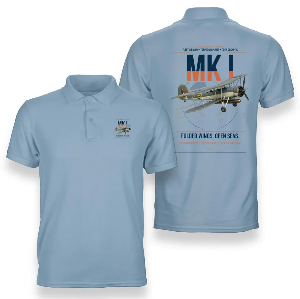 Fairey Swordfish Mk I design on light blue double-side polo t-shirt, double-side print