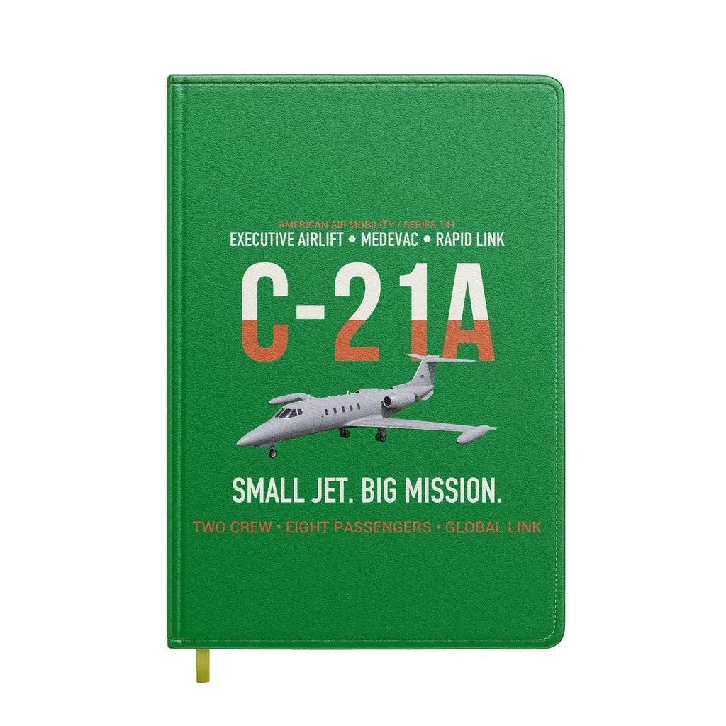 C-21A Learjet Small Jet Big Mission design on green notebook