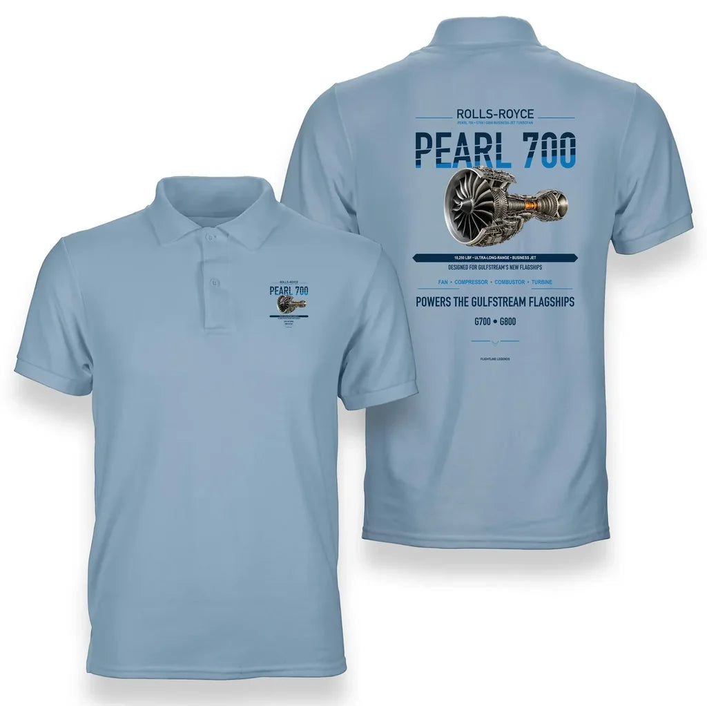 PEARL 700 design on light blue polo