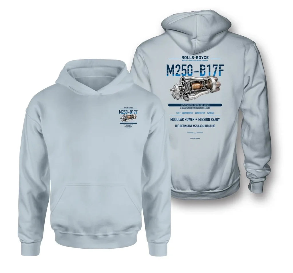 M250-B17F design on light blue hoodie