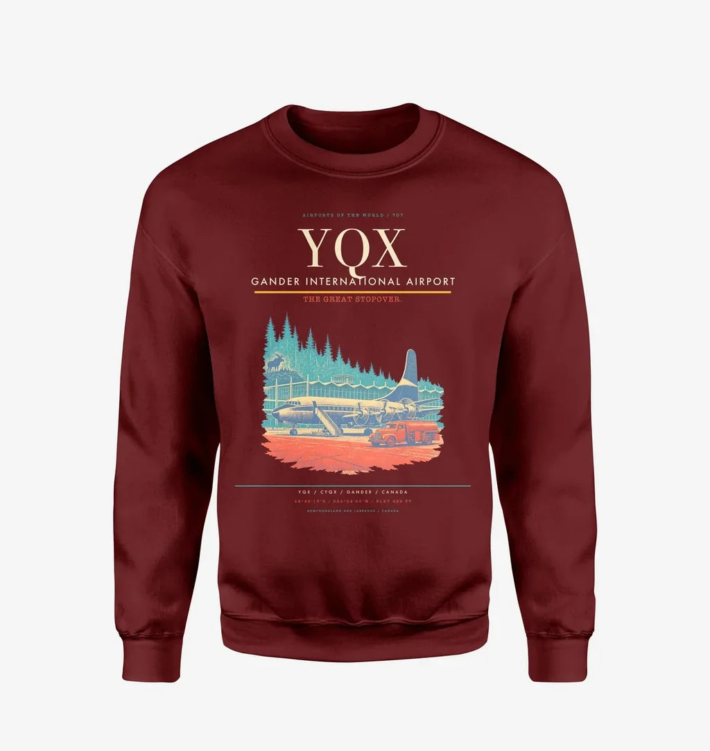 Gander International Airport (YQX) design on wine red sweatshirt