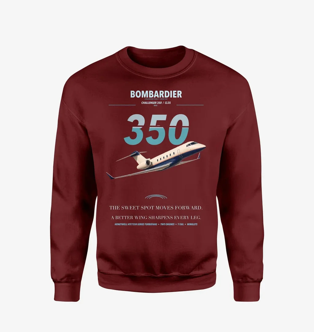 Bombardier Challenger 350 design on wine red sweatshirt
