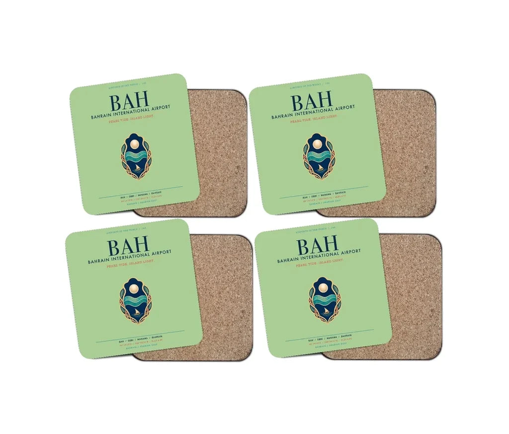 Bahrain International Airport (BAH) design on light green 4 pieces set coaster