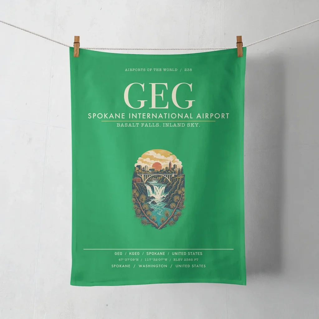 Spokane International Airport (GEG) design on green towel