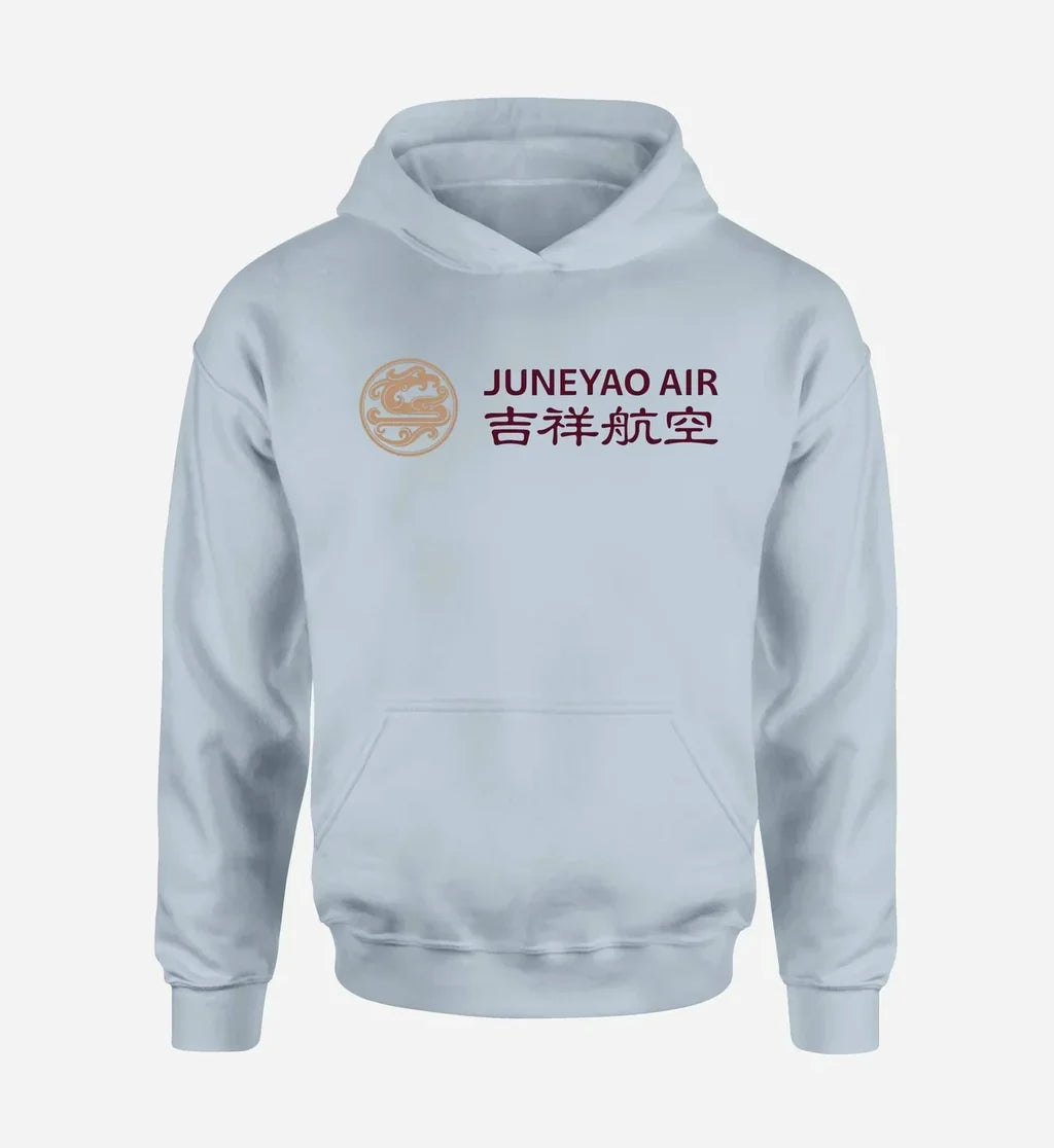 Juneyao Airlines logo printed on light blue hoodie