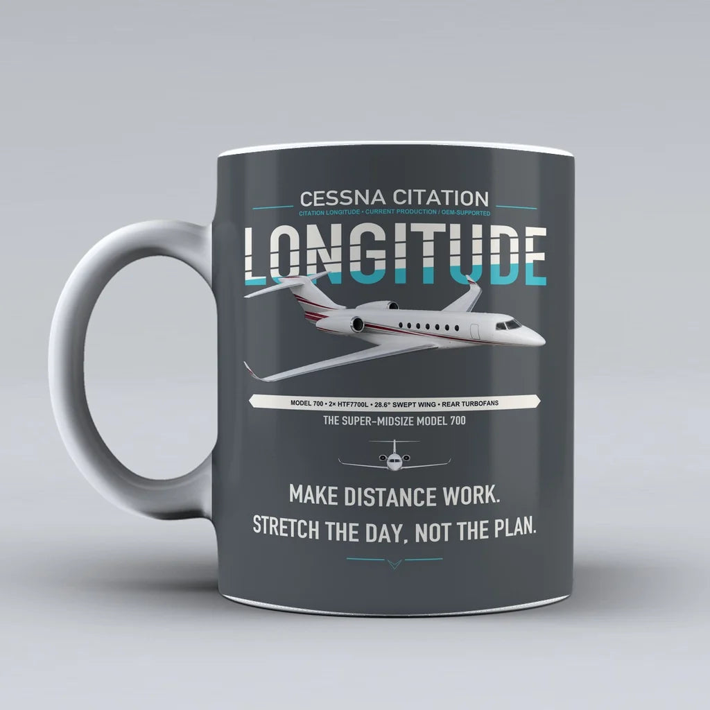 Cessna Citation Longitude design on gray ceramic mug, double-side print