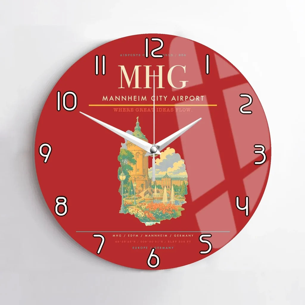 Mannheim City Airport (MHG) design on red no frame wall clock