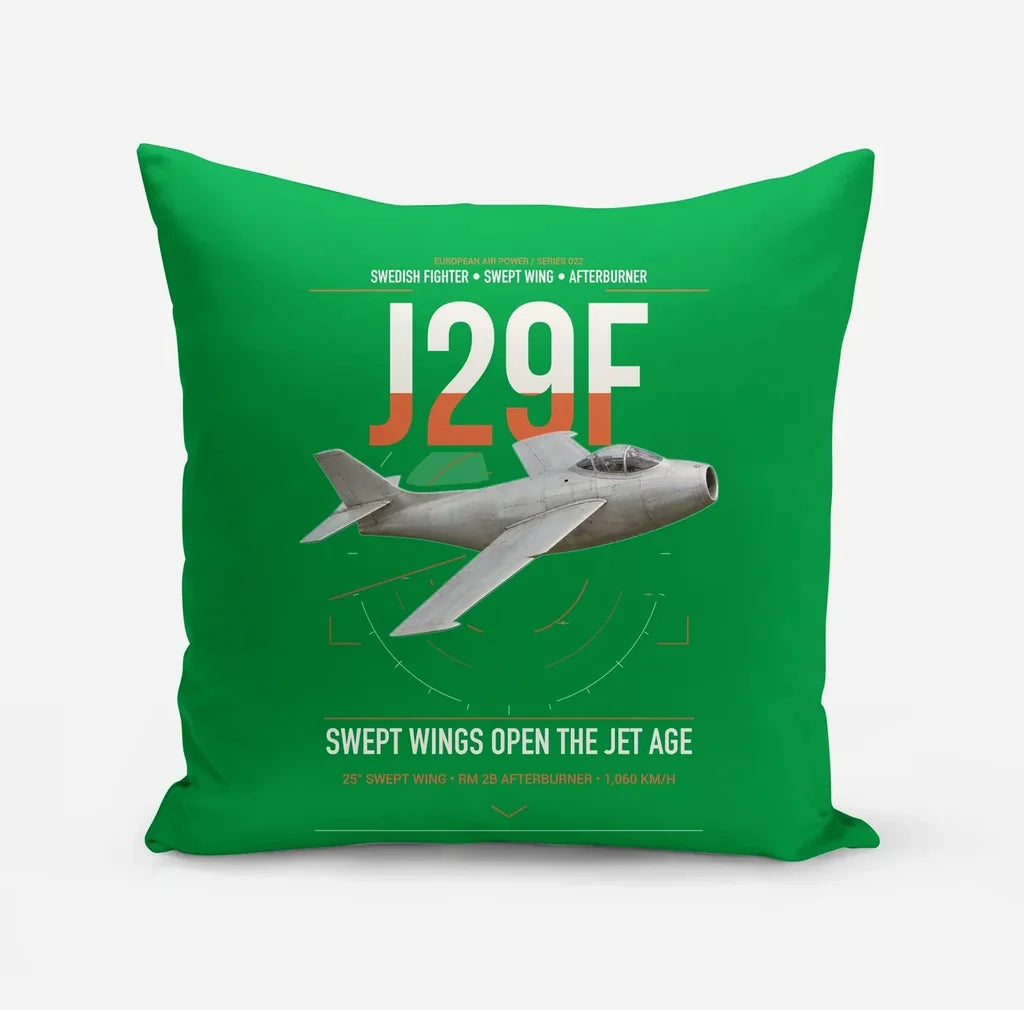 Saab J 29F Tunnan design on green pillow