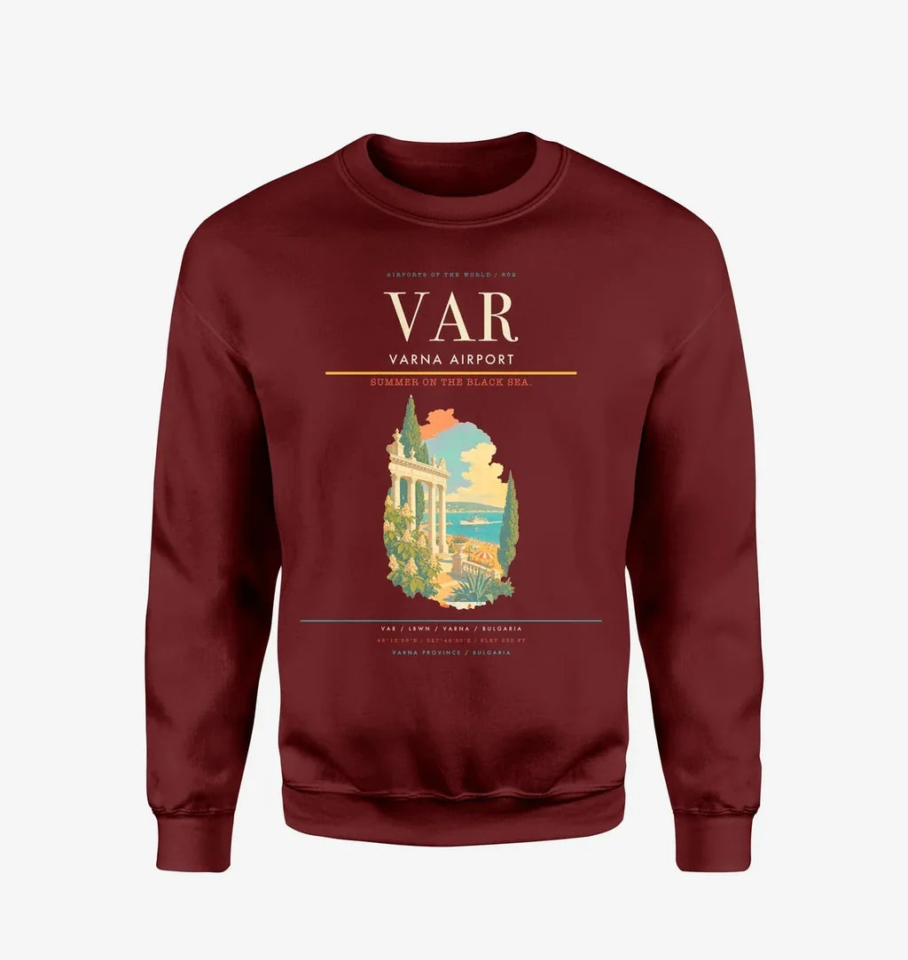 Varna Airport (VAR) design on wine red sweatshirt