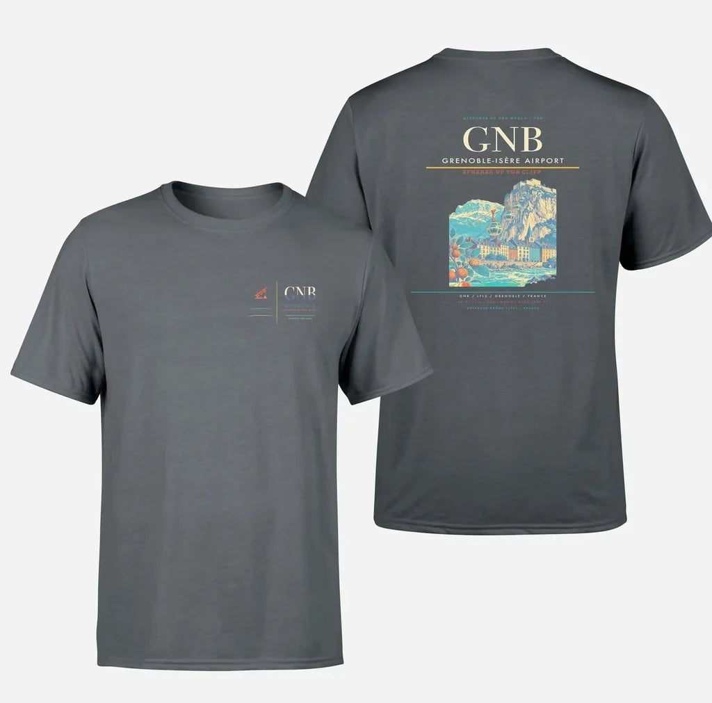 Grenoble-Isère Airport (GNB) design printed on gray double-side t-shirt