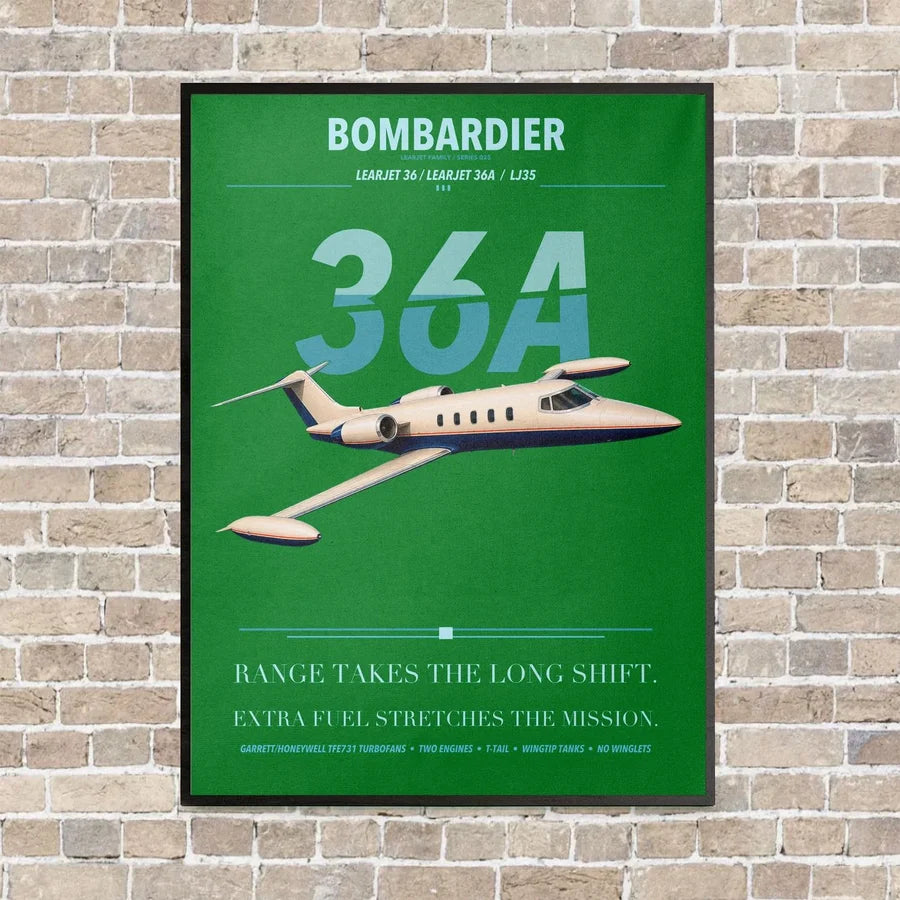 Bombardier Learjet 36A vertical canvas print - framed - green background