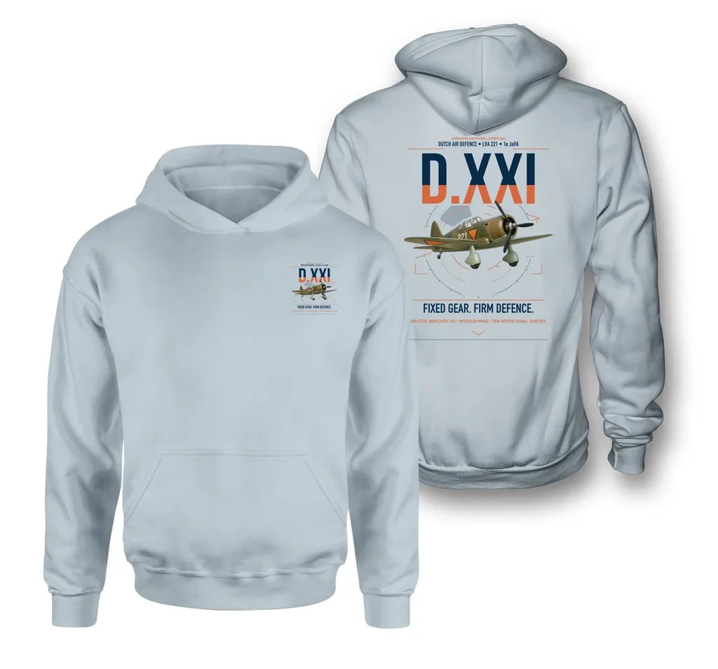 Fokker D.XXI — Dutch LVA aircraft 221 design on light blue double-side hoodie, double-side print