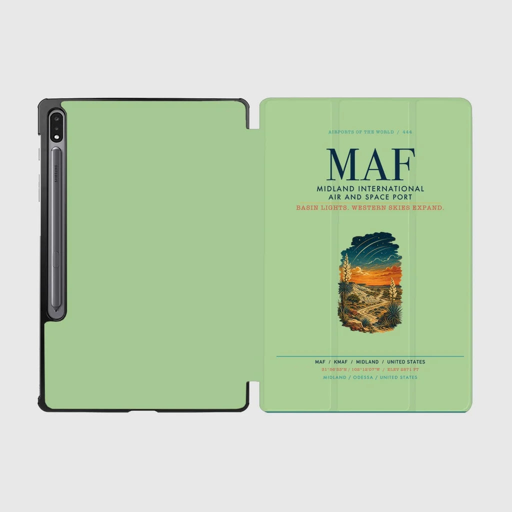 Midland International Air and Space Port (MAF) design on light green samsung tablet tablet case