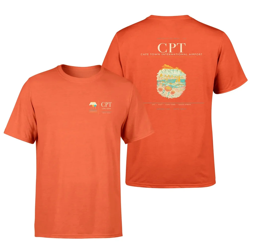 Cape Town Airport (CPT) design printed on orange double-side t-shirt