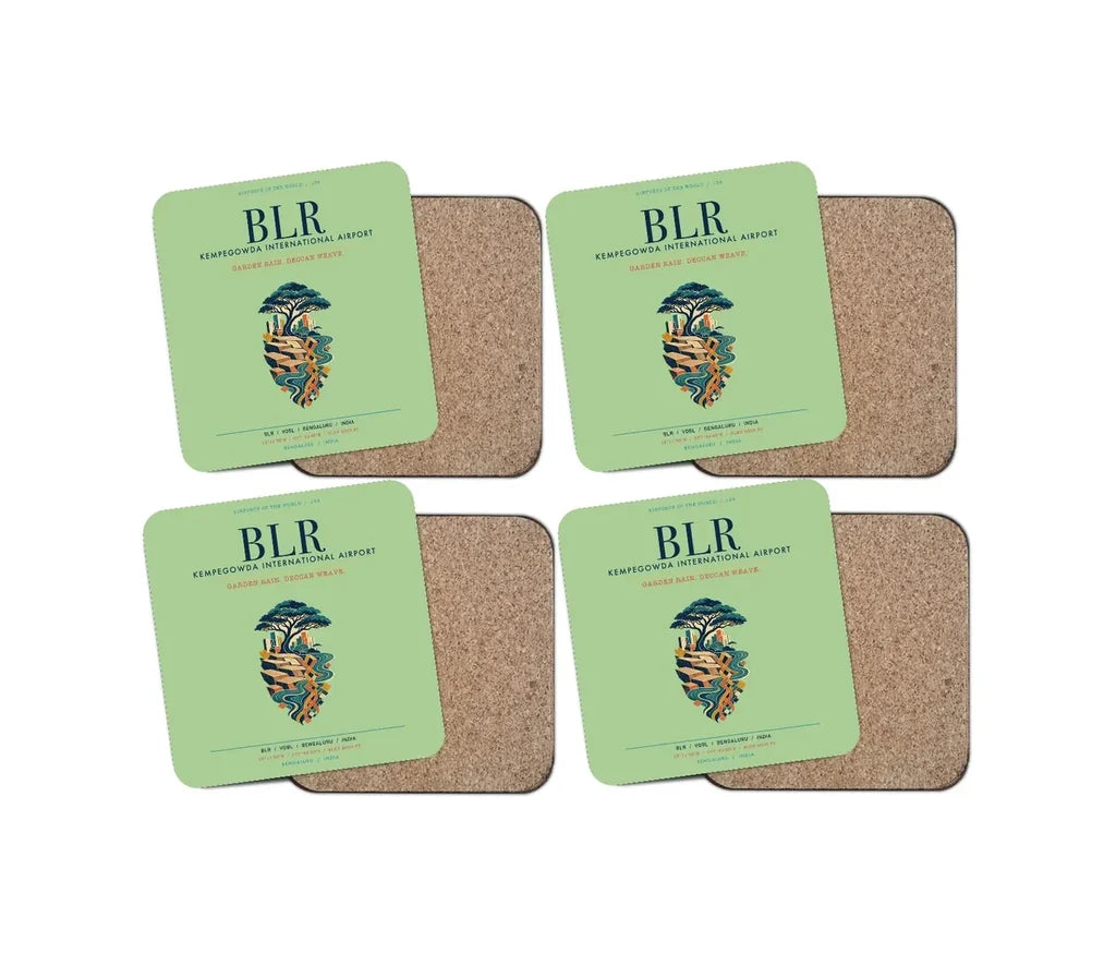Kempegowda International Airport Bengaluru (BLR) design on light green 4 pieces set coaster
